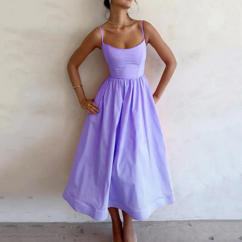 Pleated U-Neck Strap Dress
