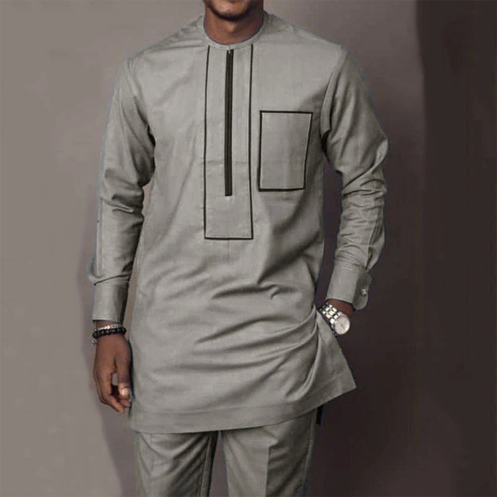 Traditional Muslim African Style Men Wedding New Suit 2 Piece Set Round Neck Long Sleeve Top Plus Pants Foreign Trade