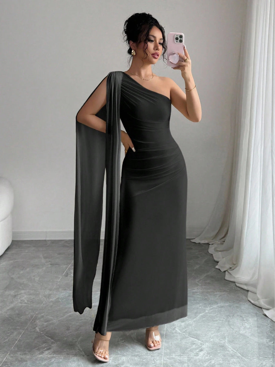 Elegant Mesh One Shoulder Draped Maxi Dress