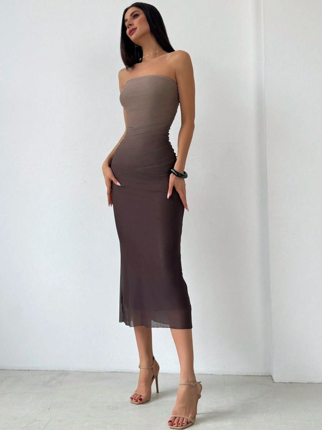 Sleek Strapless Mesh Ruched Maxi Dress.