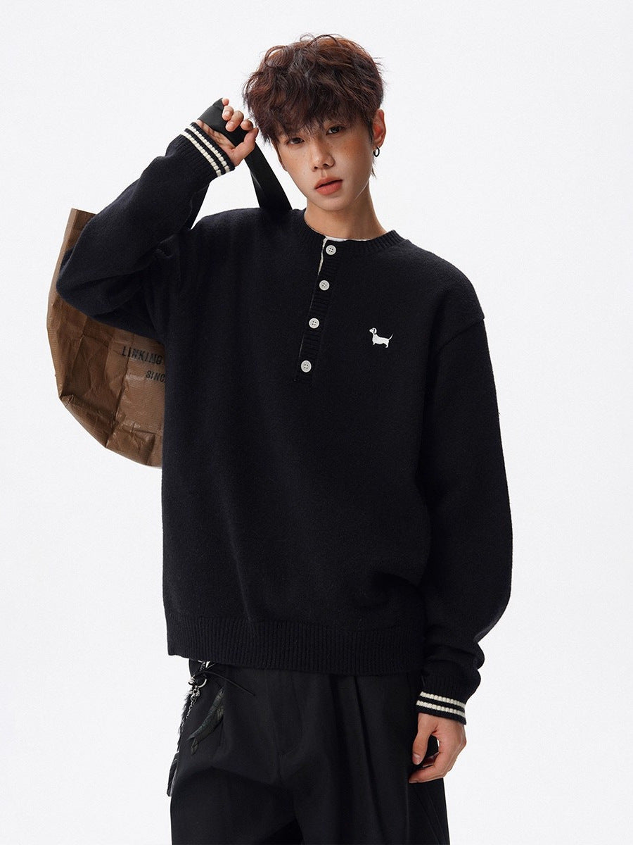 Embroidered Henley Knit Sweater