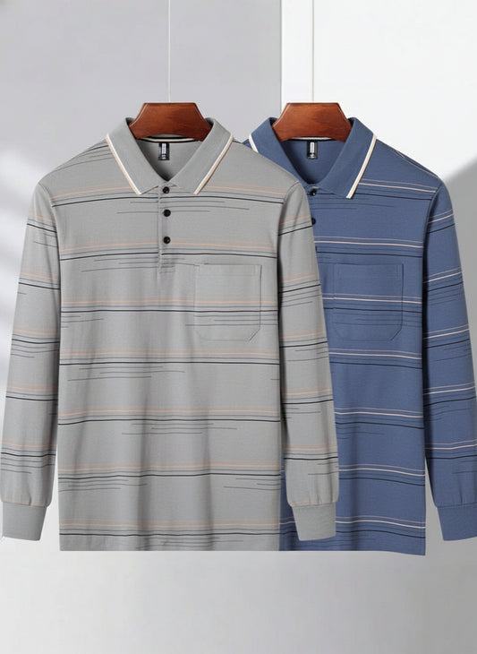 Men's Long Sleeve Striped Polo Shirt