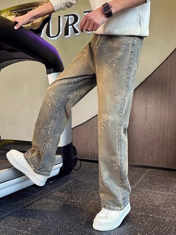 Distressed Jacquard Straight-Leg Jeans