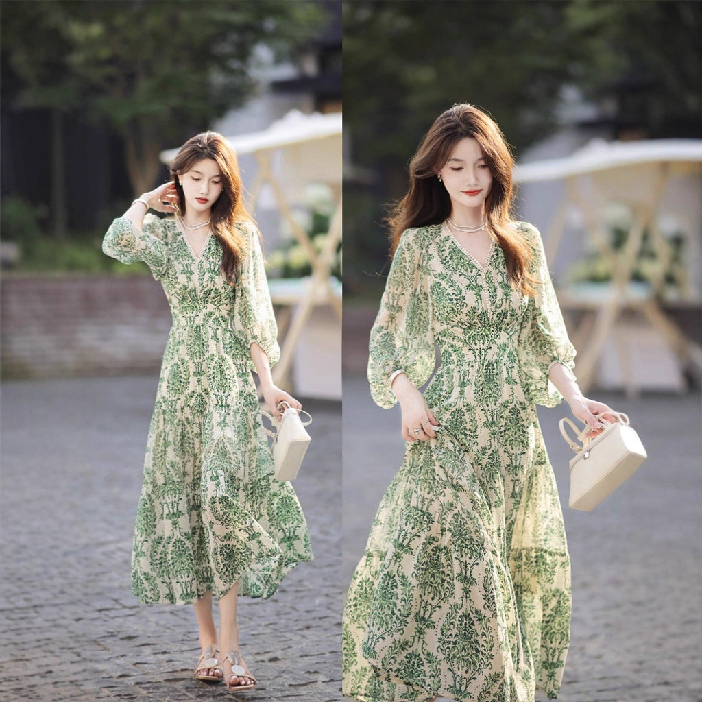 Green Floral V-Neck Maxi Dress