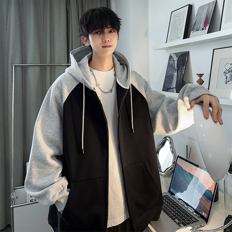 Oversized Contrast Panel Zip-Up Hoodie