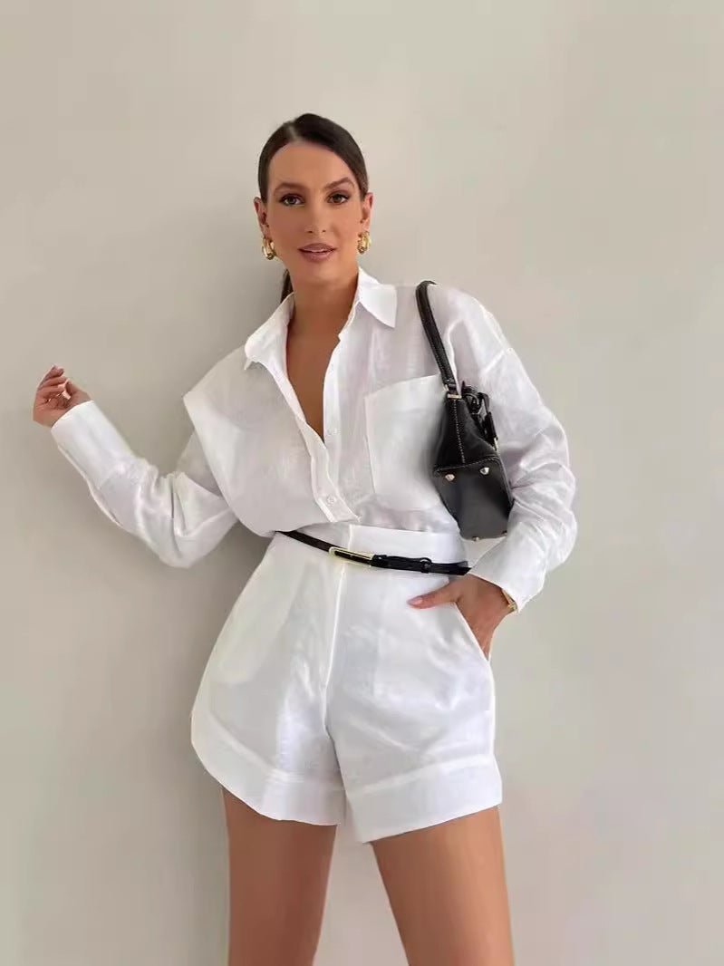 Chic Collared Shirt and High Waist Shorts Matching Set