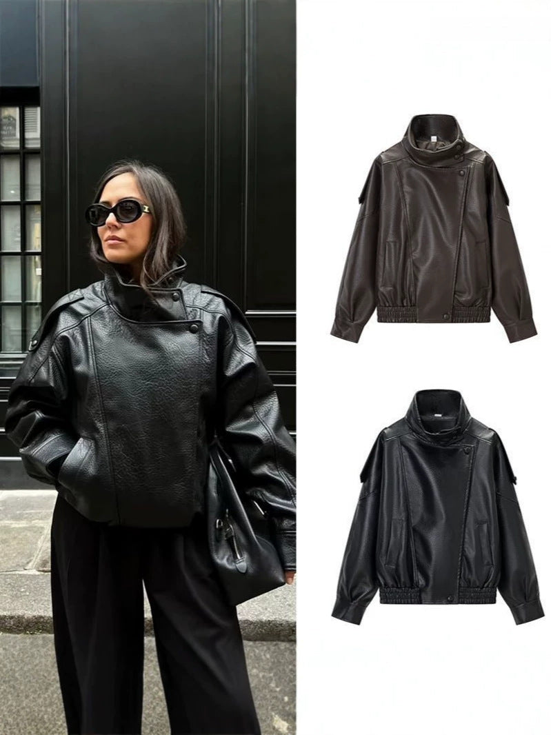 Oversized Faux Leather Bomber Jacket