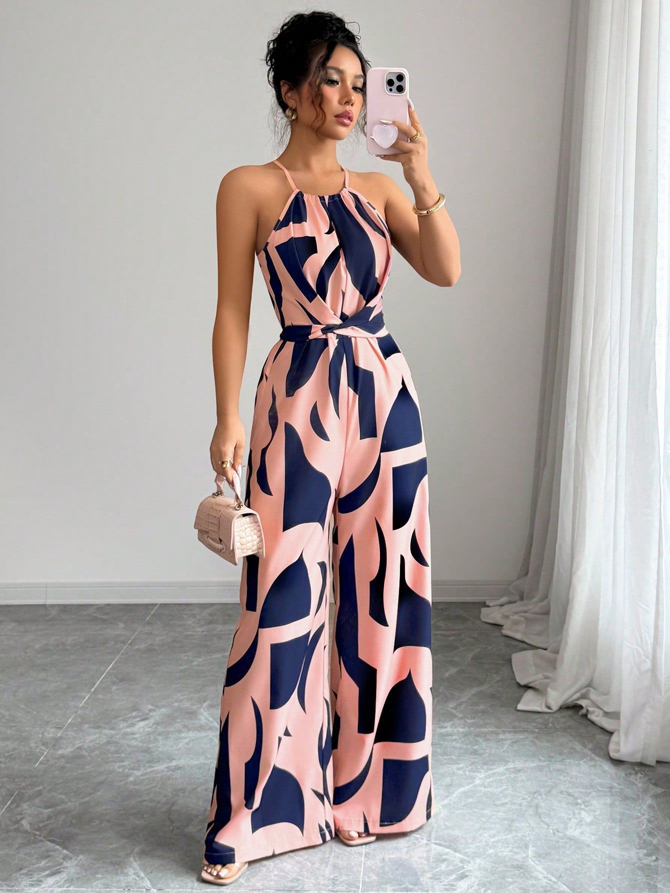 Abstract Print Halter Jumpsuit