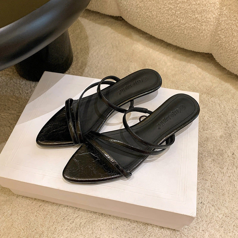 Pointed Leather Low-Heel Sandals
