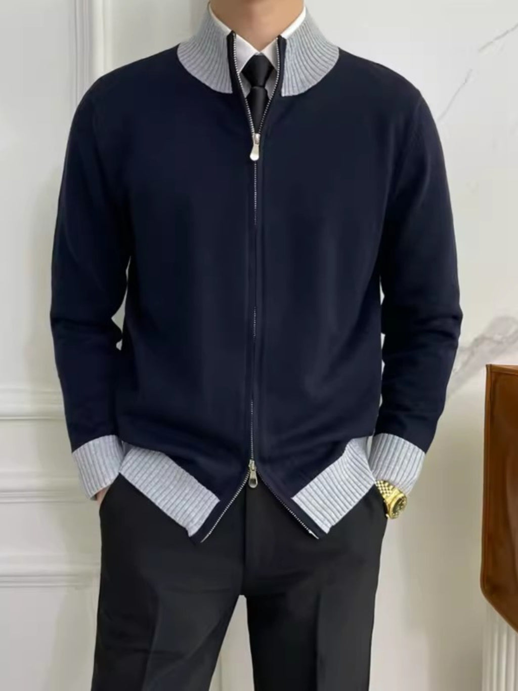 Men's Two-Way Zip Mock-Neck Knit Cardigan