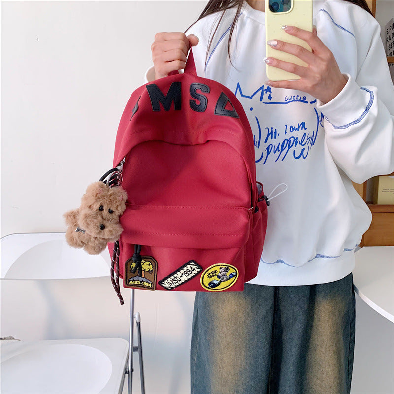 Letter Print Patchwork Backpack With Plush Charm
