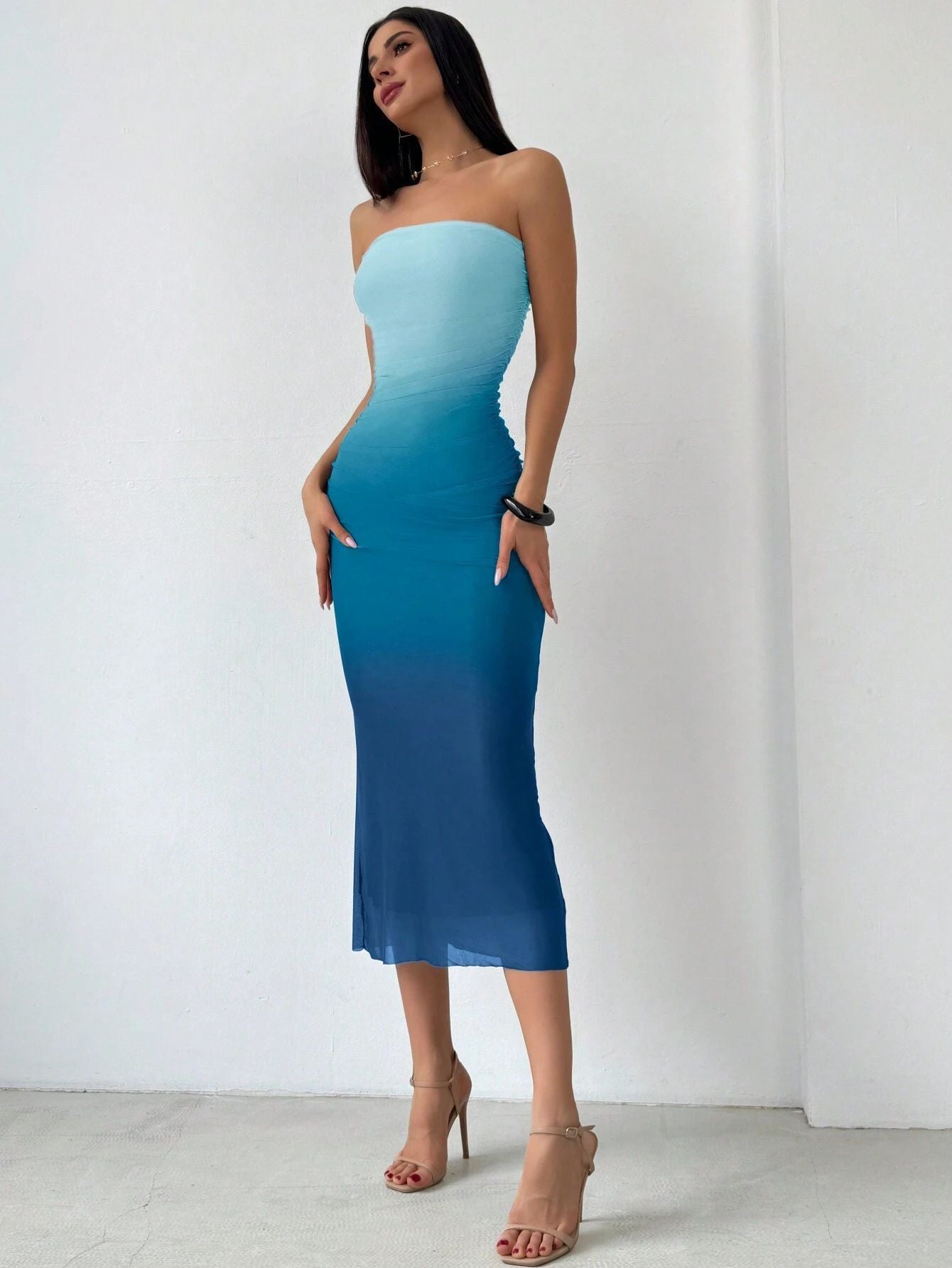 Sleek Strapless Mesh Ruched Maxi Dress.