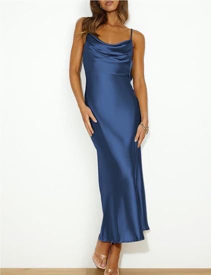 Elegant Satin Cowl Neck Slip Maxi Dress,