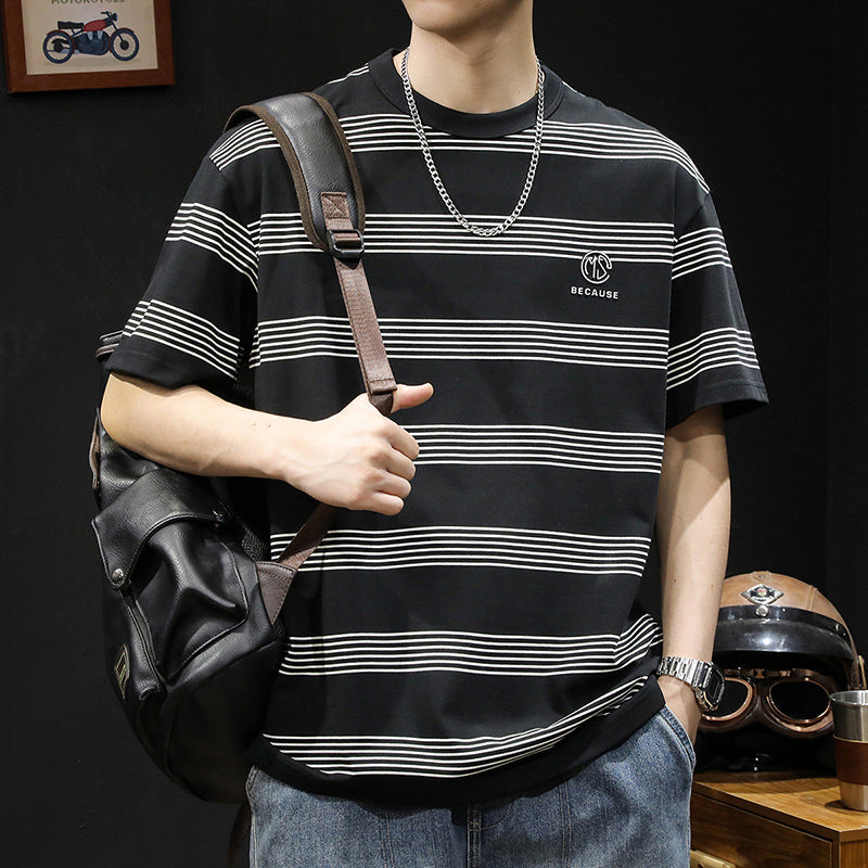Black striped short sleeve t-shirt men's clothes summer 2025 new loose plus size trendy brand men's heavy body shirt