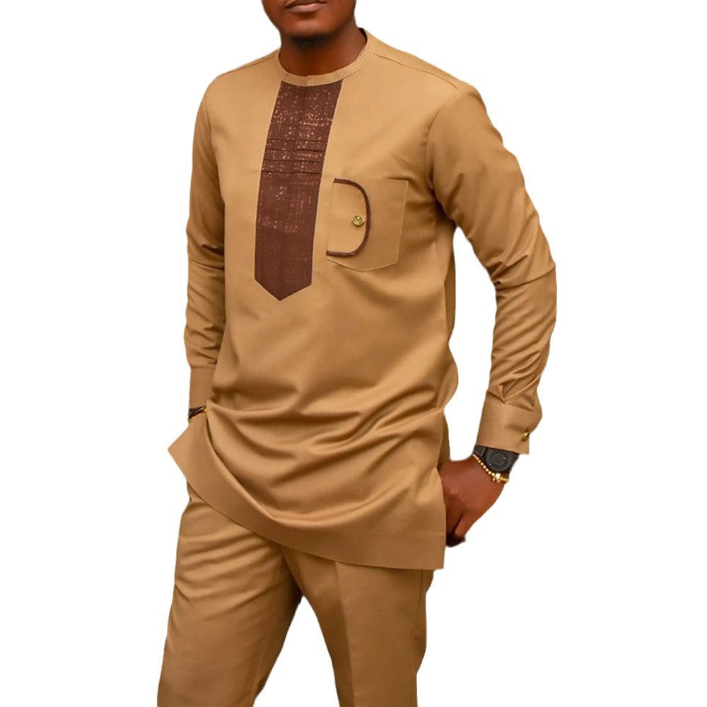 Traditional Muslim African Style Men Wedding New Suit 2 Piece Set Round Neck Long Sleeve Top Plus Pants Foreign Trade