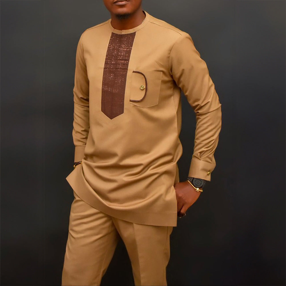 Traditional Muslim African Style Men Wedding New Suit 2 Piece Set Round Neck Long Sleeve Top Plus Pants Foreign Trade