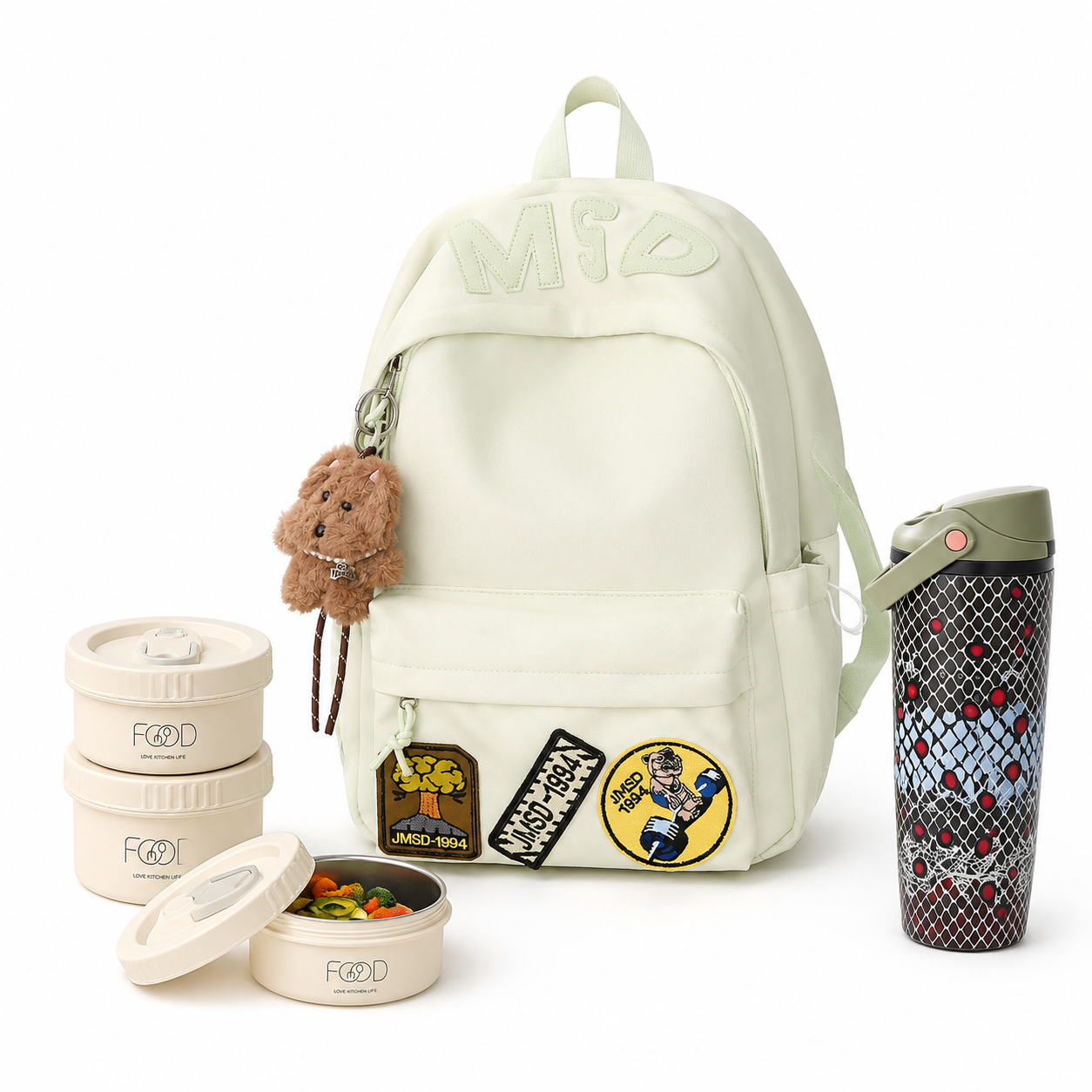 Letter Print Patchwork Backpack With Plush Charm Complete School Day Bundle