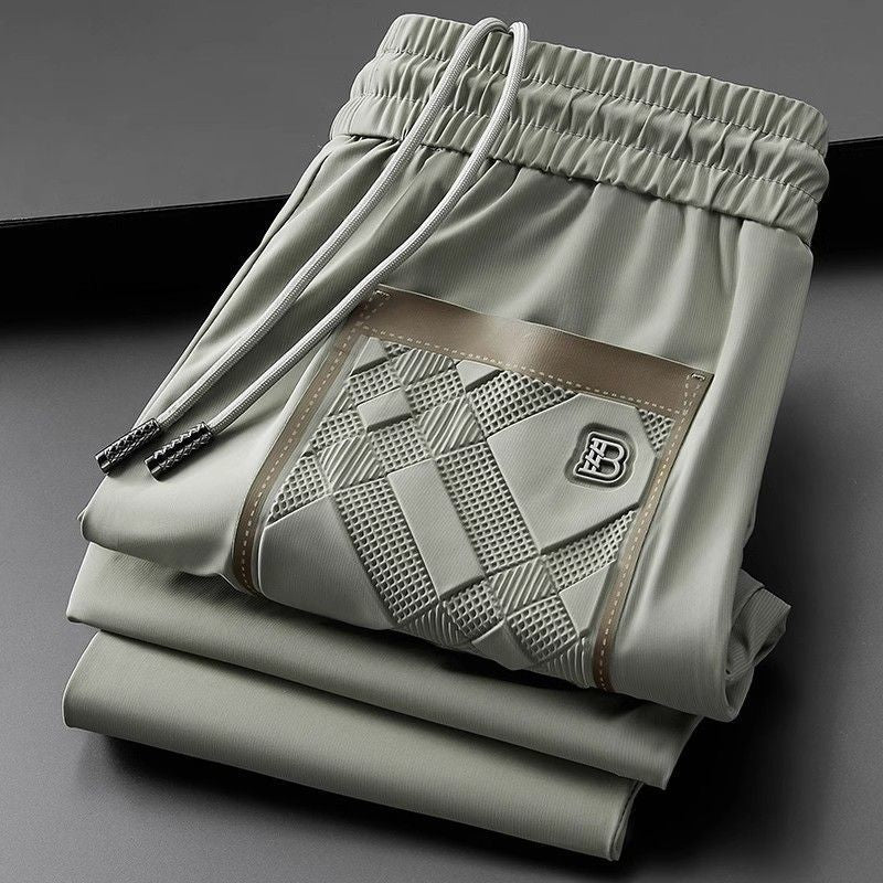 Fashionable European goods rubber pressed casual straight-leg pants Summer thin ice silk men's trendy versatile sports trousers