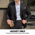 Black double-breasted jacket only. Trousers, shirt and accessories are not included.