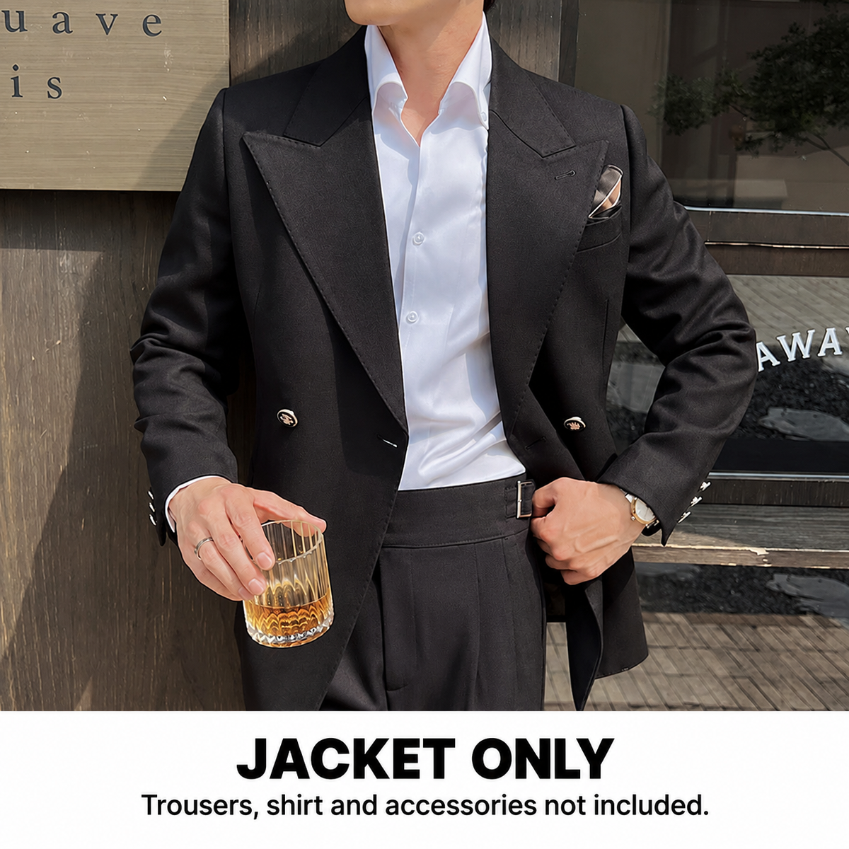 Black double-breasted jacket only. Trousers, shirt and accessories are not included.