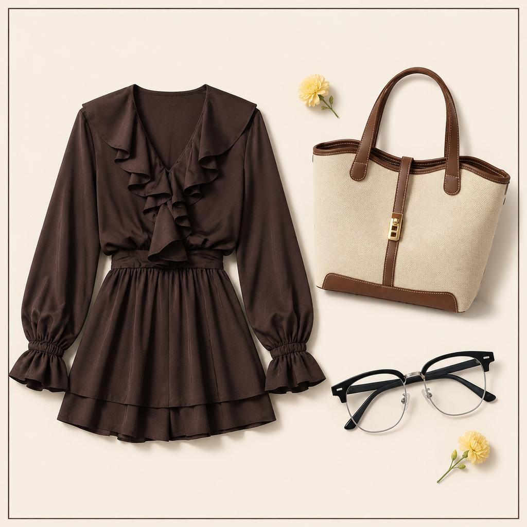 Brown ruffle dress, canvas tote and classic eyewear included in the Enkutatash women's bundle