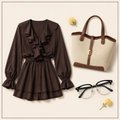 Brown ruffle dress, canvas tote and classic eyewear included in the Enkutatash women's bundle