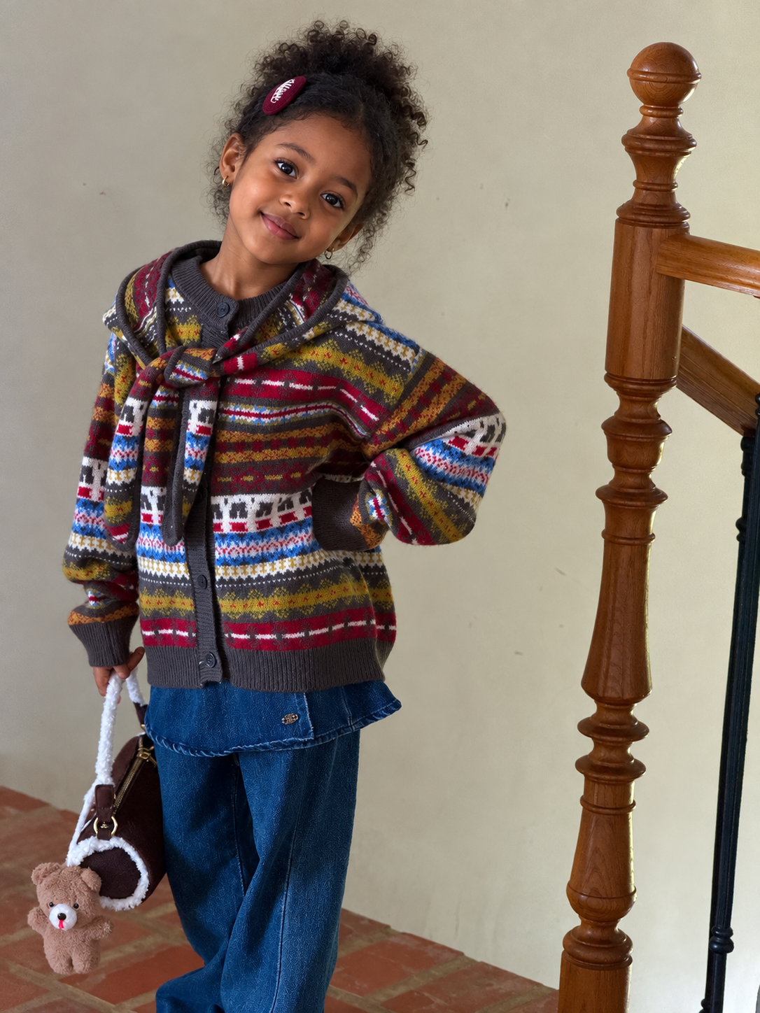Girls' Fair-Isle Knit Cardigan with Detachable Hood
