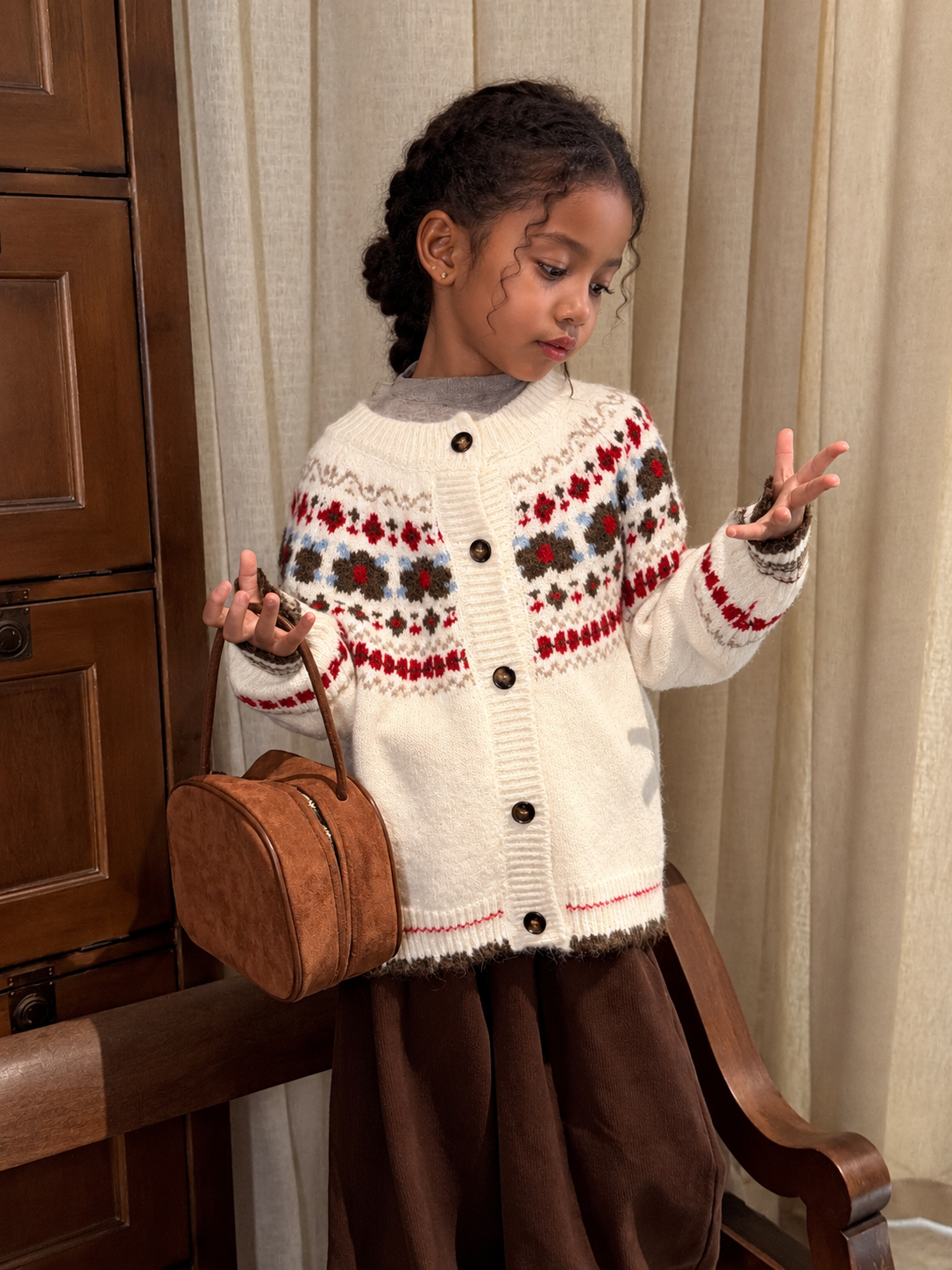 Girls' Floral Fair-Isle Knit Cardigan