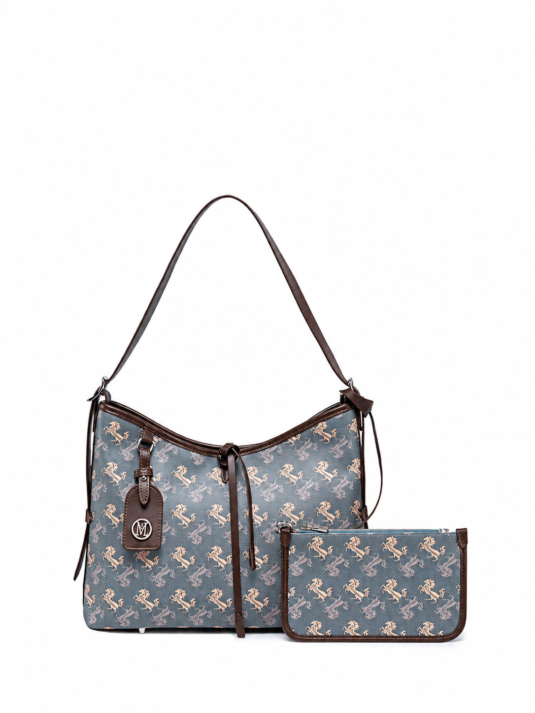 Printed shoulder tote bag in coffee blue