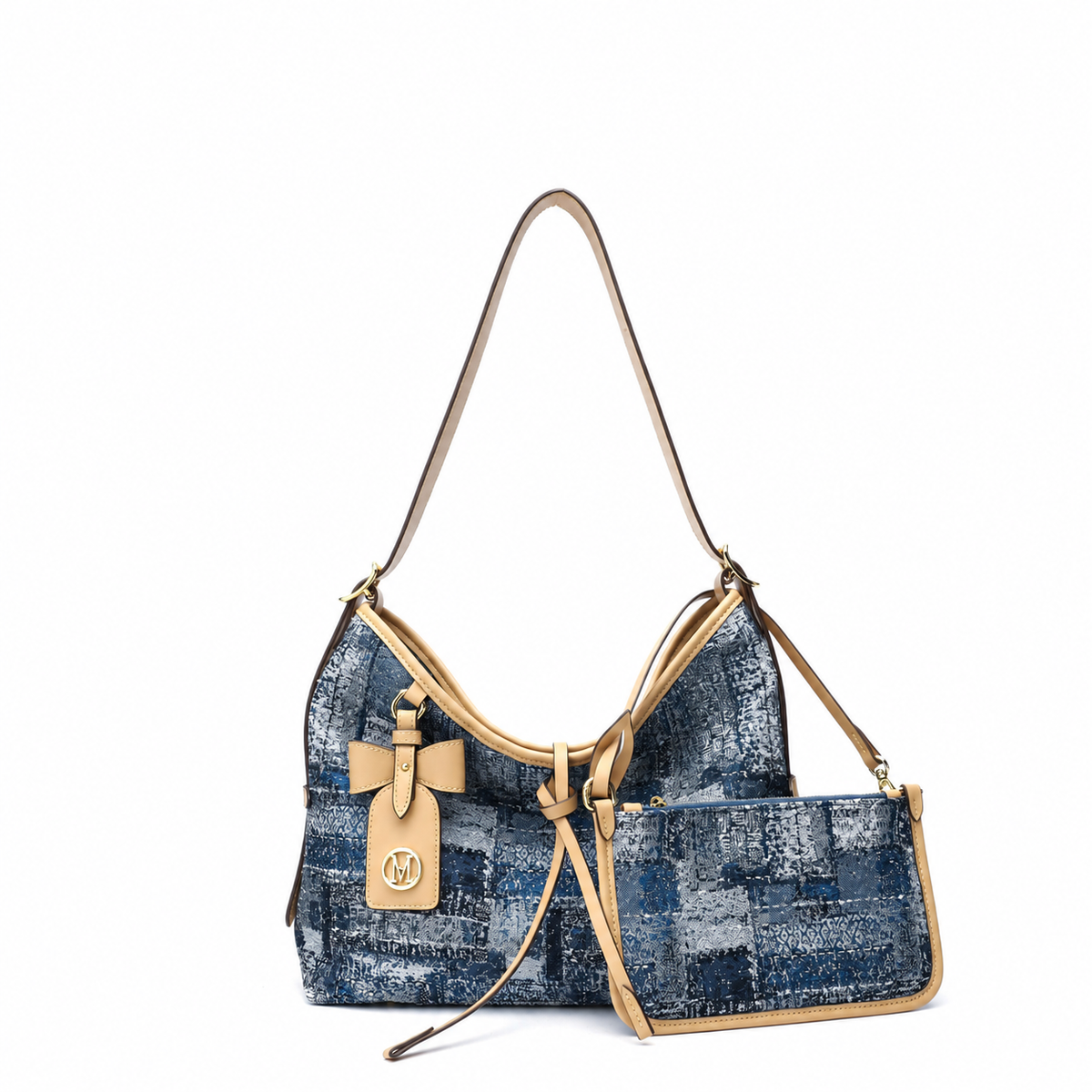 Printed shoulder tote bag in dark blue and apricot