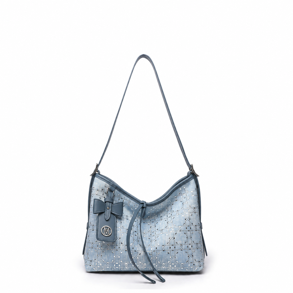 Printed shoulder tote bag in denim blue