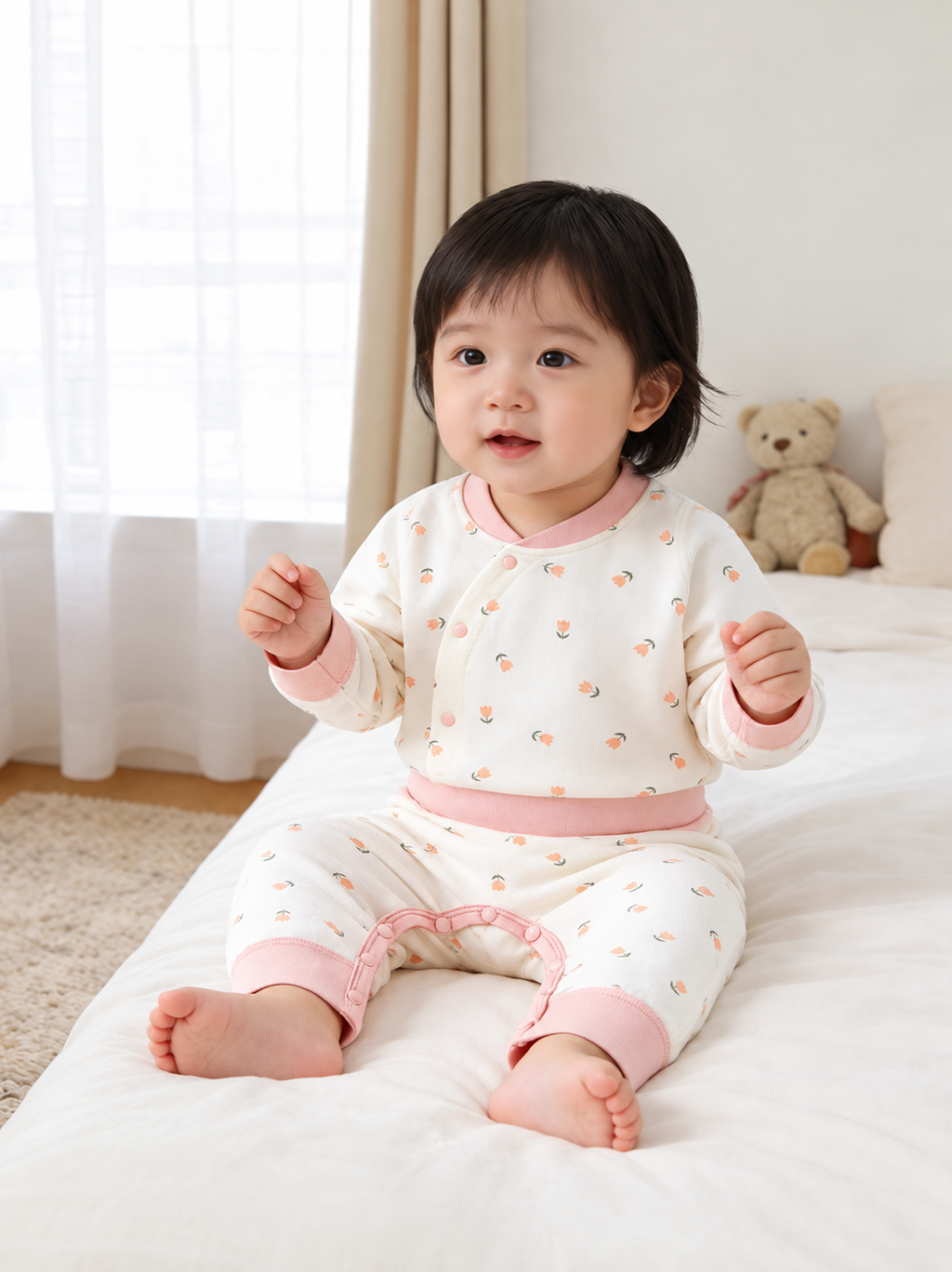 Autumn baby thermal shirts, pants, pure cotton Class A children's underwear set, high-waisted pants, boneless baby split shirt as base layer