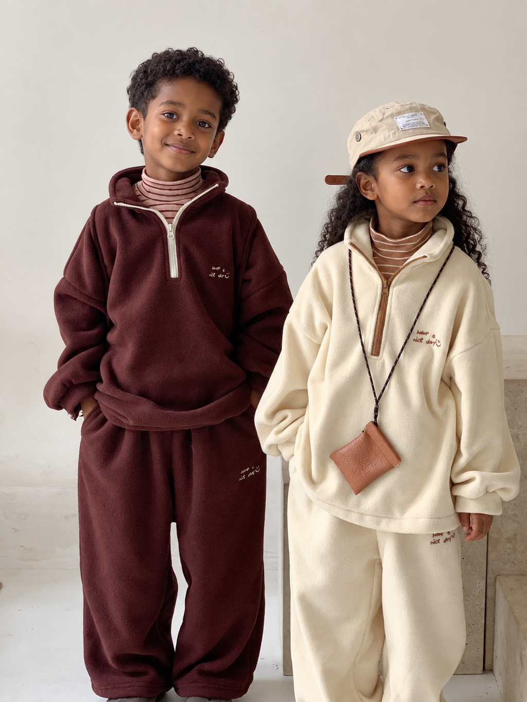 Solid color fleece two-piece sets on Ethiopian child models