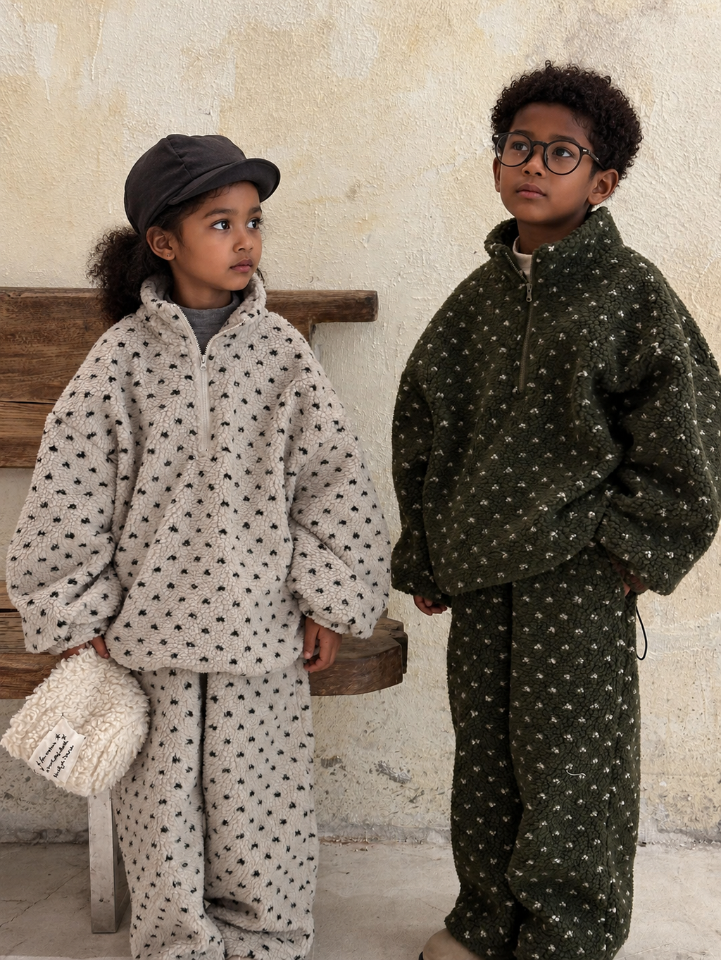 Patterned polar fleece sets on Ethiopian child models