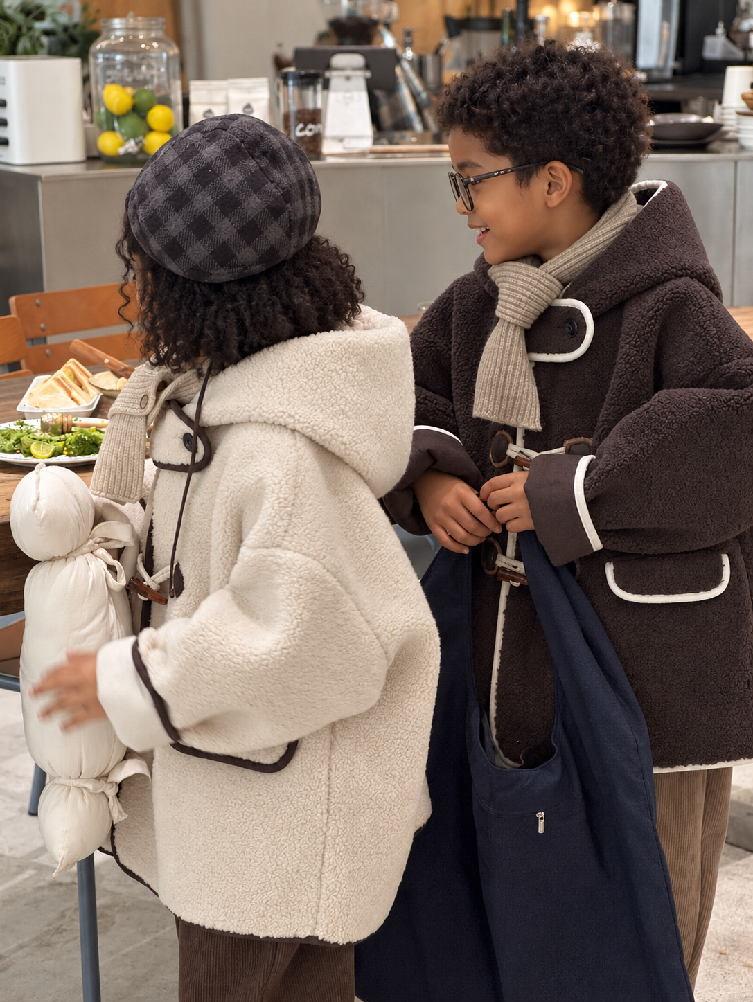 Horn-button fur-integrated hooded coat on Ethiopian child models