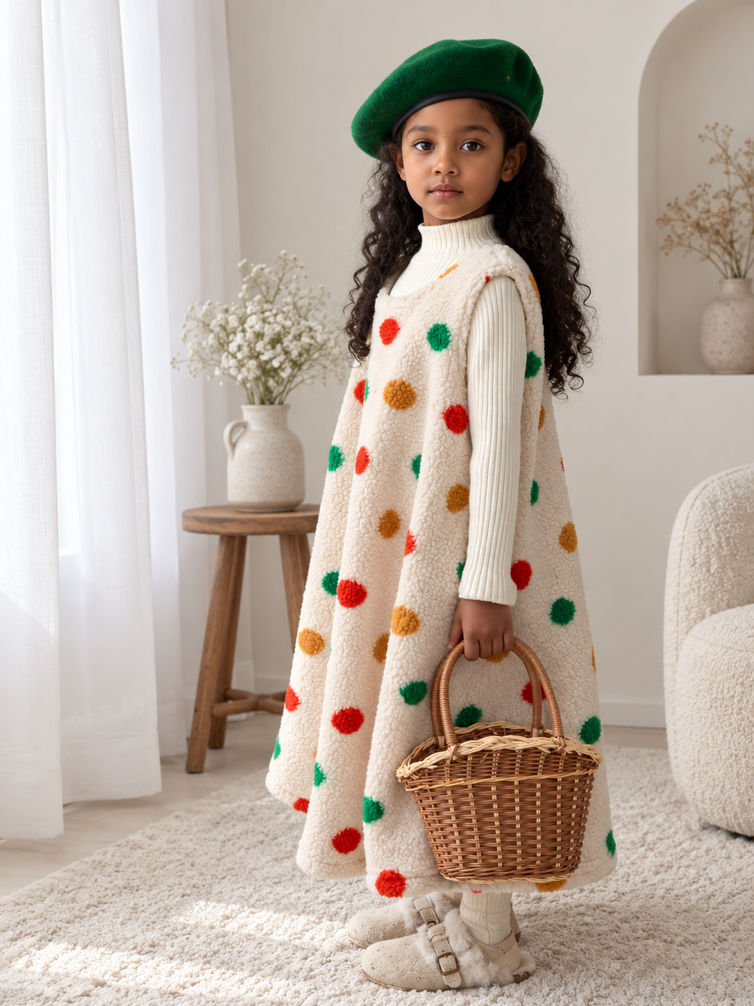 Colorful polka-dot furry vest dress on Ethiopian child model