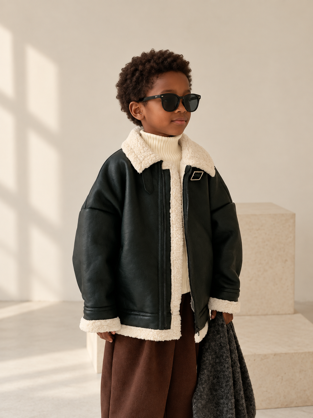 Fur-collar leather jacket on Ethiopian child model