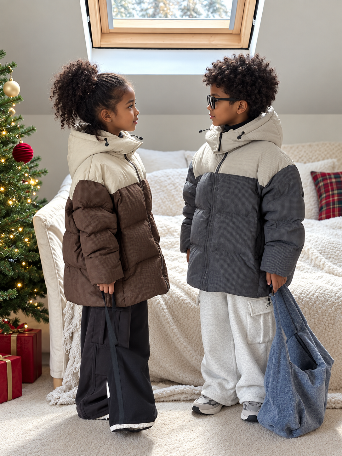 Color-blocked hooded down jacket on Ethiopian child models