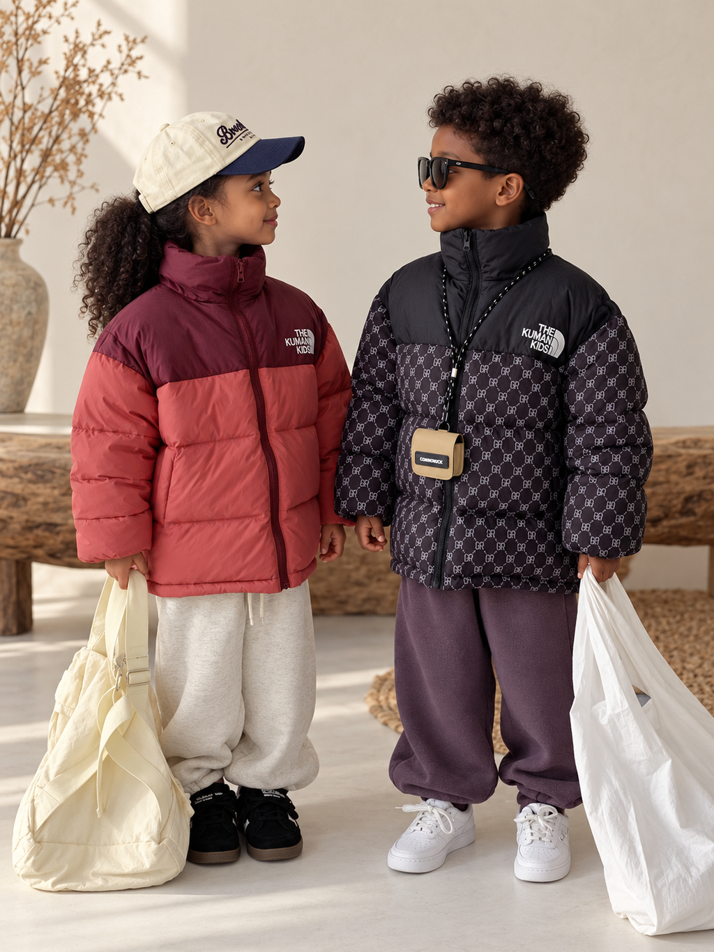 Color-blocked bread down jacket on Ethiopian child models