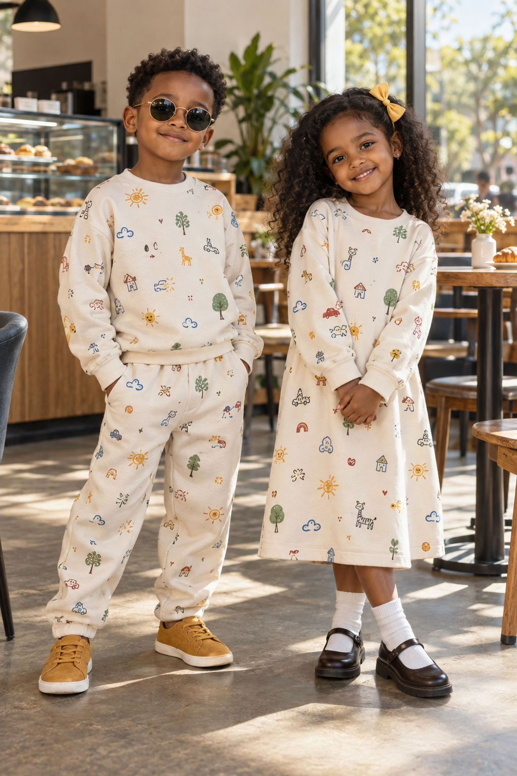 Printed sweatshirt sibling sets on Ethiopian child models