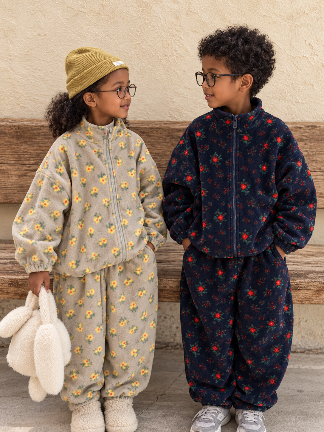 Full-print fleece zip sets on Ethiopian child models