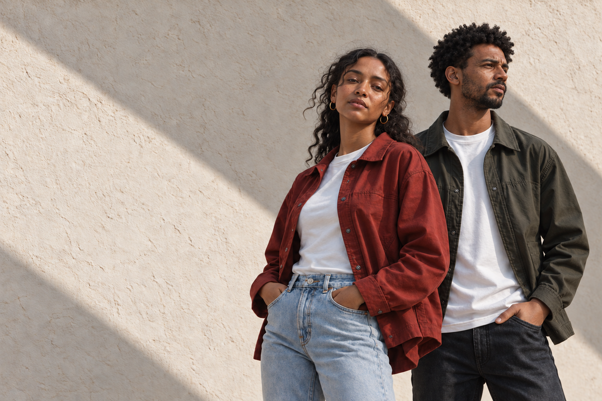 Two models in brick and olive overshirts in natural daylight