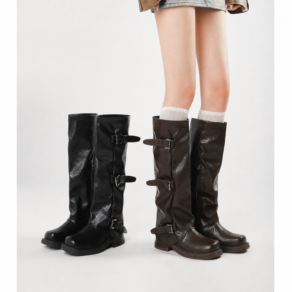 Triple-buckle knee-high boots in Black and Brown
