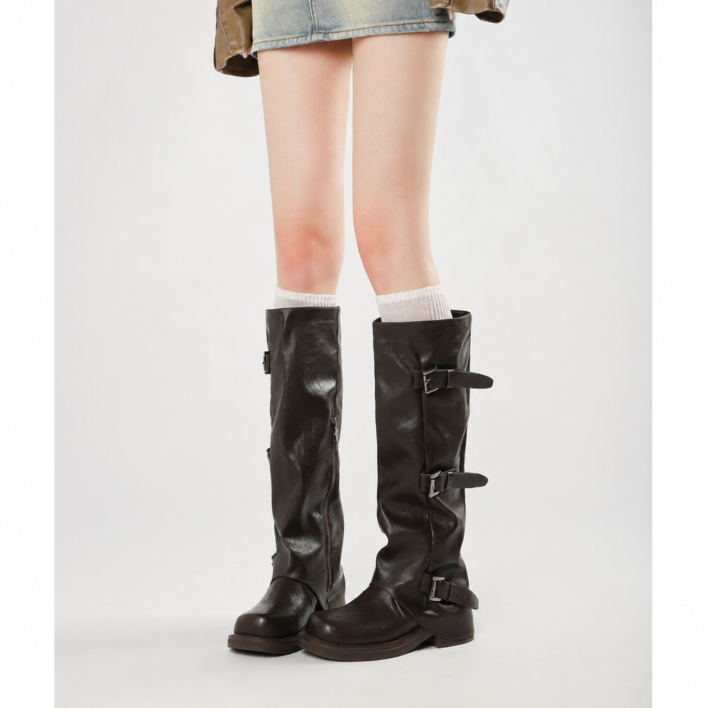 Brown triple-buckle knee-high boots, front view